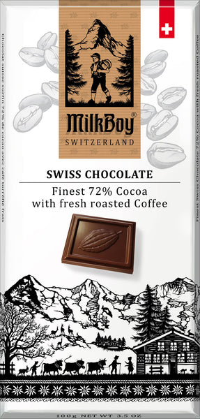 Milkboy Swiss Chocolates - 3.5oz 72% Cocoa with fresh roasted Coffee