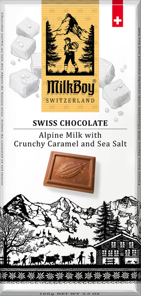 Milkboy Swiss Chocolates - 3.5oz Alpine Milk Chocolate with crunchy Caramel & Sea Salt