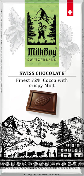 Milkboy Swiss Chocolates - 72% Cocoa with crispy Mint 3.5oz